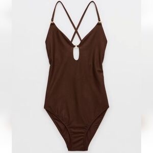 Aerie Brown Ribbed One Piece Swimsuit